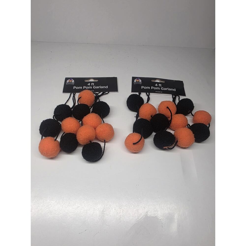 Happy Halloween Pom Pom Garland - Orange/Black - 4 Feet - NEW